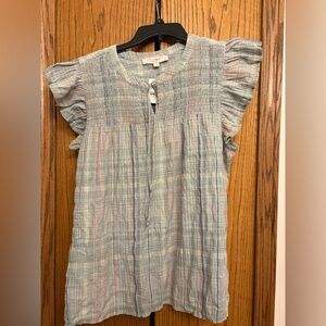 LOFT Plaid Blouse with Ruffled Sleeves